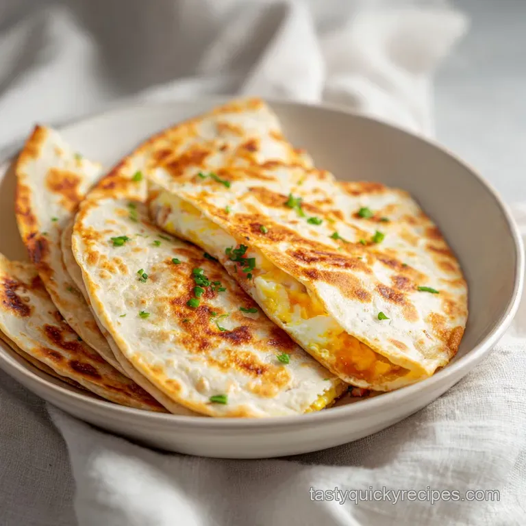Stacked breakfast quesadillas, lightly browned, served with a side of vibrant salsa and avocado.