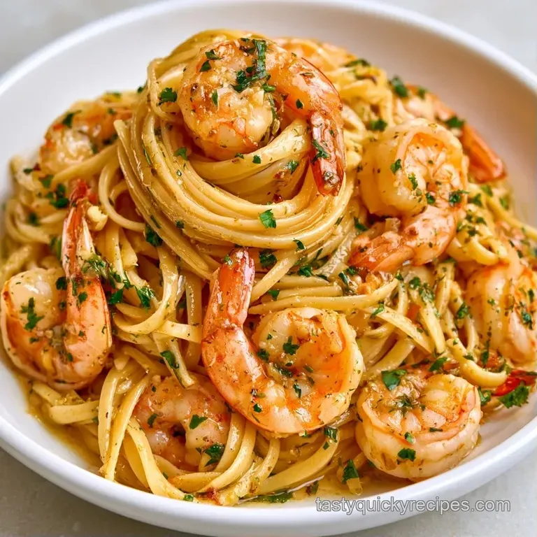 Twirled ribbons of pasta topped with seared pink shrimp and a sprinkle of fresh herbs in a white ceramic bowl.