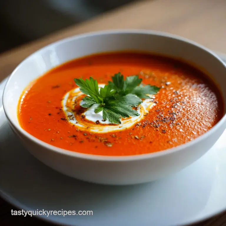 Smooth, creamy roasted red pepper soup in a white bowl, garnished with fresh basil and a drizzle of olive oil. Elegant and...