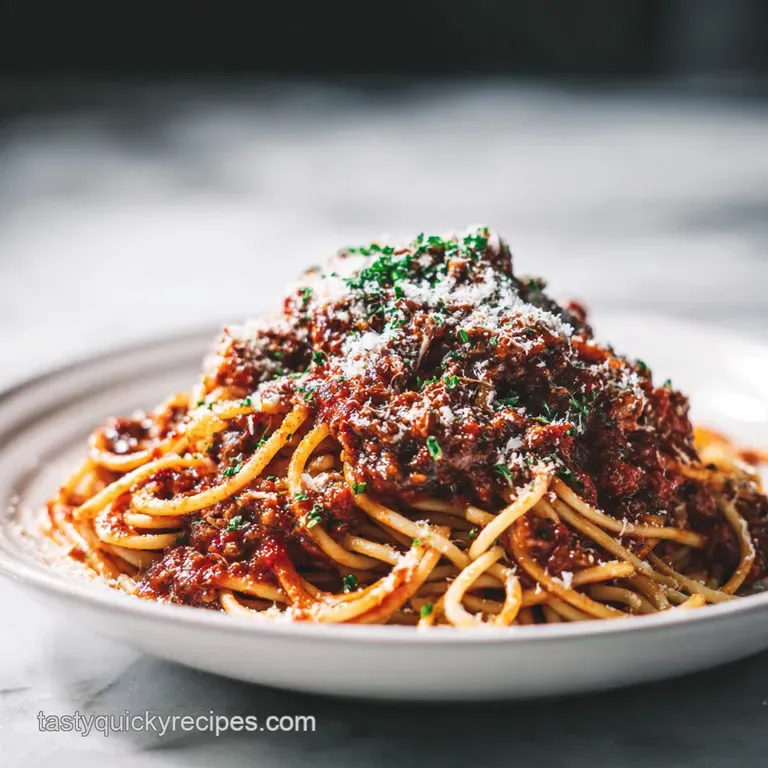 Steaming portion of meat sauce and spaghetti, artfully twirled, topped with fresh basil and grated parmesan in a white cer...