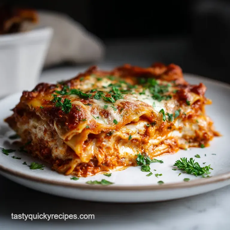 Lasagna slice with melted cheese pull. Rich tomato sauce pools on the white plate. Sprig of basil as garnish.