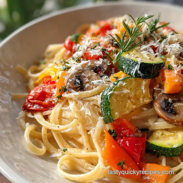 A bright and inviting plate of pasta primavera, garnished with fresh herbs and a light dusting of parmesan cheese.