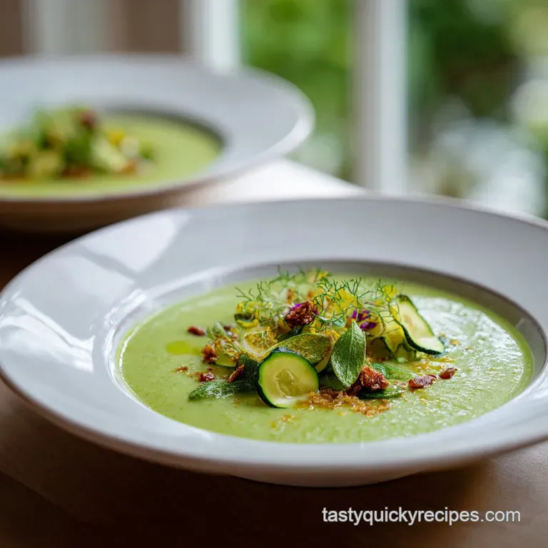 Close-up of smooth, bright green zucchini soup in a porcelain bowl, garnished with fresh herbs and a drizzle of olive oil.