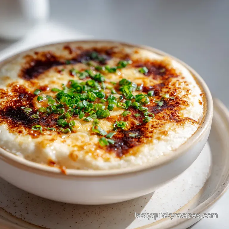 Elegant white bowl of dark savory soup topped with a crisp baguette slice and melted, golden-brown cheese.