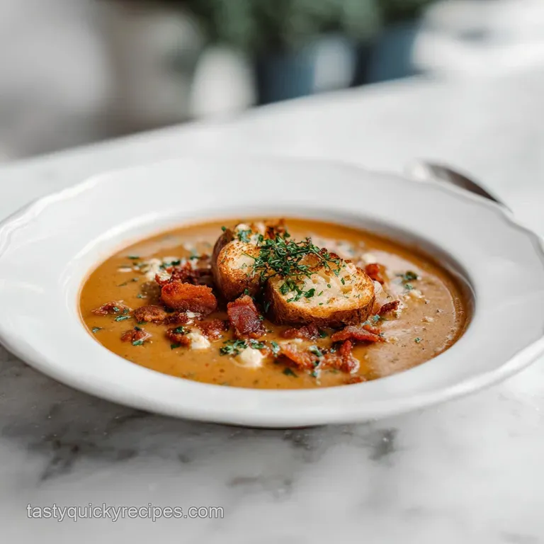 A rustic bowl of creamy potato soup, swirled with sour cream and sprinkled with green onions.