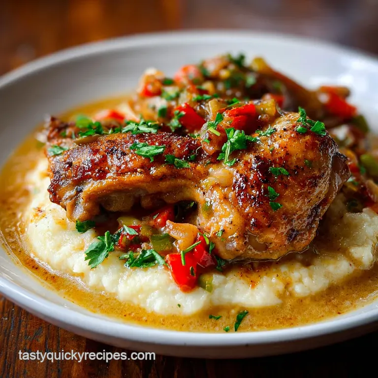 Juicy chicken smothered in glistening onion gravy, plated with mashed potatoes. Gravy pools invitingly, promising savory w...