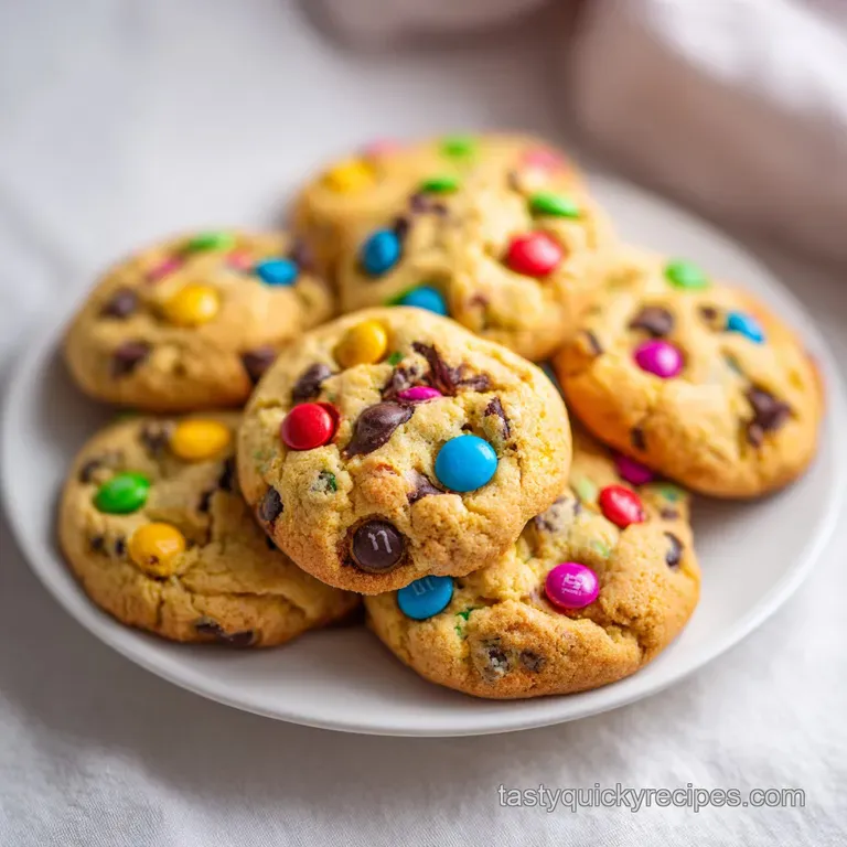 A neat stack of small, soft-baked cookies with vibrant candy bits on a white ceramic plate and a linen napkin.
