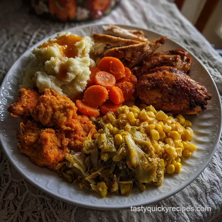 Elegant plate showcasing tender turkey slices fanned out, alongside a scoop of fluffy mashed potatoes, and a colorful mix ...