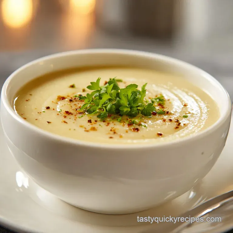 Elegant bowl of creamy potato soup with bacon, parsley garnish, and crusty bread slices, steaming gently.