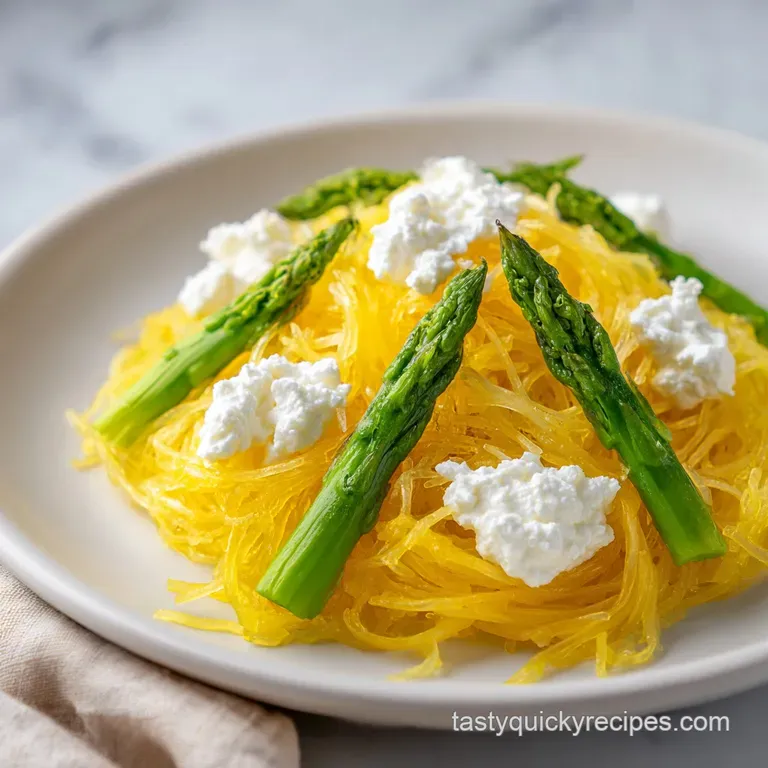 Elegant white bowl holding tangled golden squash strands, vibrant green asparagus, and swirls of creamy ricotta.