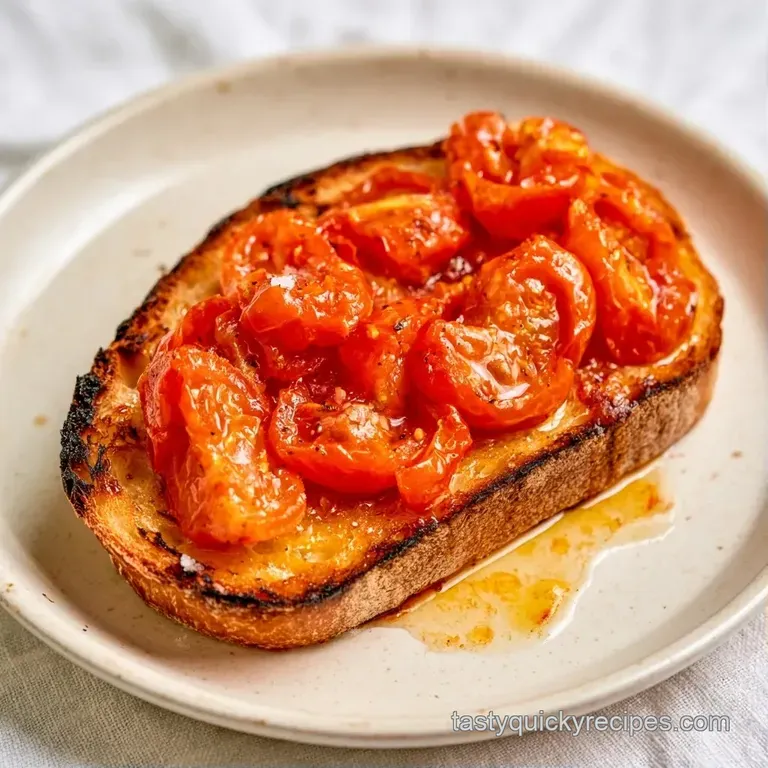 Slices of toasted garlic bread topped with blistered tomatoes and fresh parsley on a matte white ceramic platter