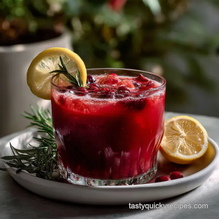 Elegant stemmed glasses filled with a shimmering crimson drink, set on a dark wood table; a festive setting with sugared c...