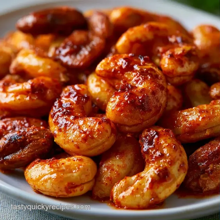 A small ceramic dish of roasted nuts with red pepper flakes, set on a white linen cloth with scattered peppercorns.
