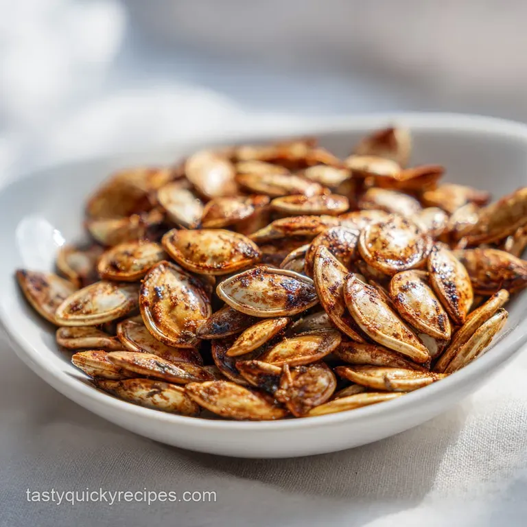 A small ceramic bowl overflowing with glossy, perfectly roasted pumpkin seeds, dusted with a delicate spice blend for a wa...