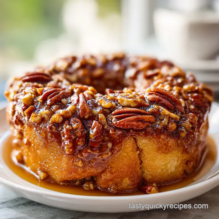 A generous slice of sticky bun cake, revealing tender crumb and a cascade of pecan glaze.
