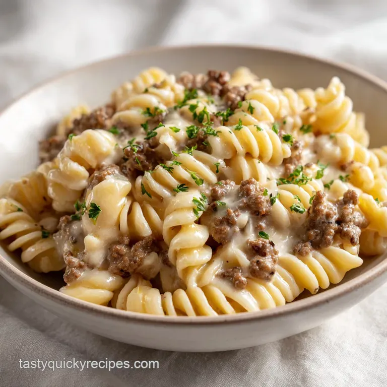 An elegant white bowl of saucy beef and pasta, garnished with melted cheese and a sprinkle of bright green herbs.