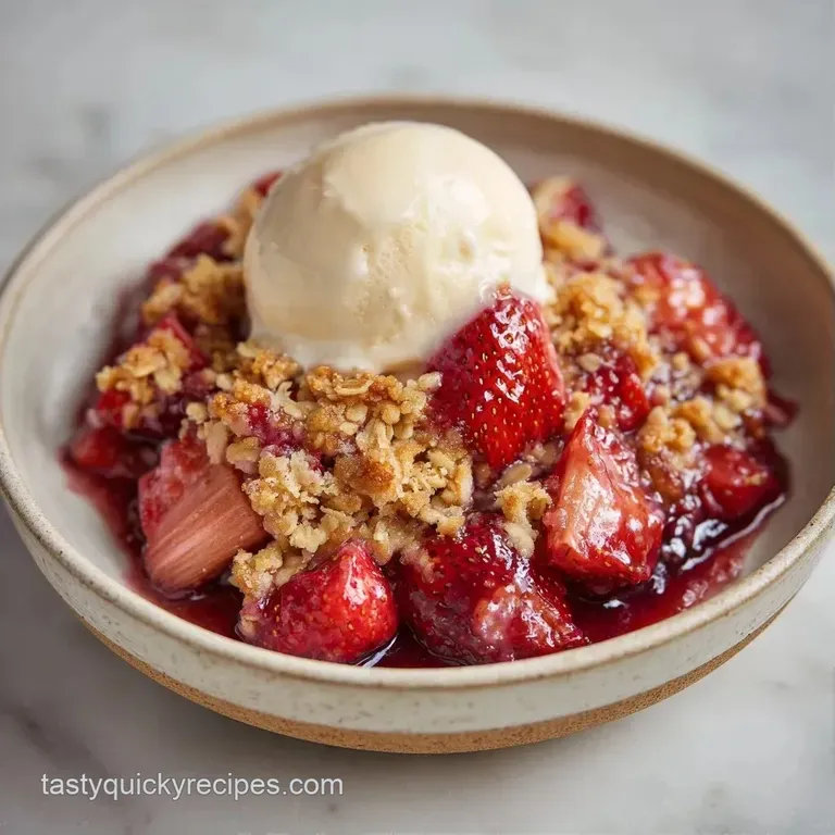 A scoop of melted vanilla ice cream atop a golden crumbly dessert with vibrant red fruit on a white ceramic plate.
