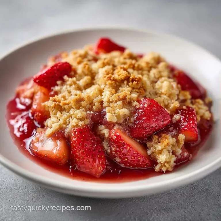 A scoop of warm, bubbling red fruit topped with golden crumble and a melting dollop of vanilla bean ice cream.