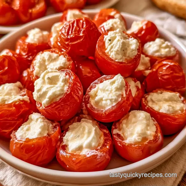 Platter of bite-sized red tomatoes with white savory fillings arranged neatly on a white ceramic serving plate.