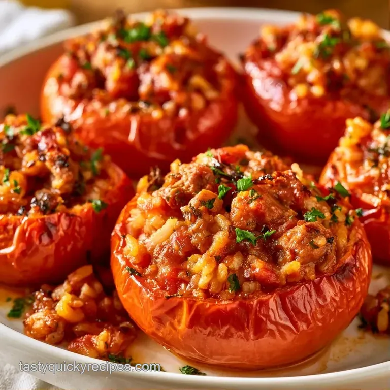 Three roasted red tomatoes filled with savory beef and crumbled feta, garnished with parsley on a slate board.