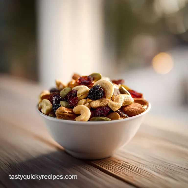 Golden-brown roasted trail mix scattered artistically on a wooden board with scattered berries.