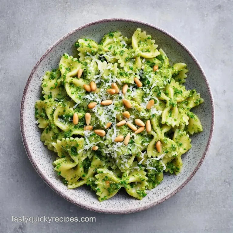 Vibrant green pasta tossed with red cherry tomatoes and white mozzarella pearls in a white ceramic serving bowl.