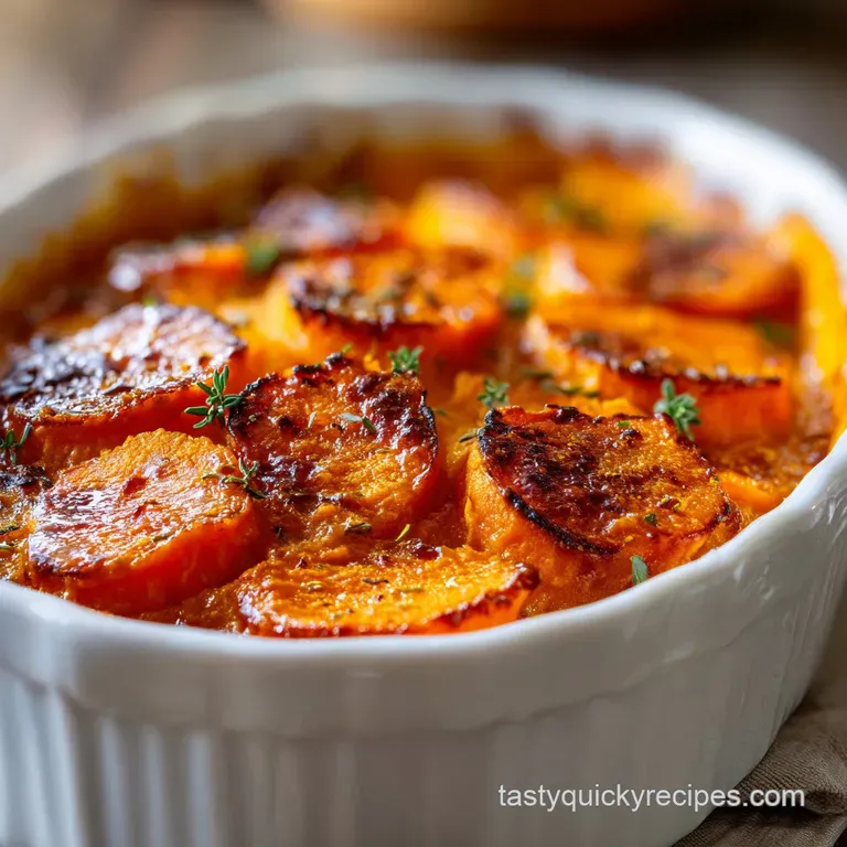 A neat square slice of vibrant orange mash with a crisp brown topping served on a white plate with fresh parsley.
