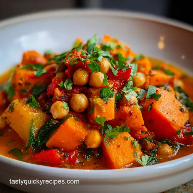 A vibrant bowl of sweet potato and chickpeas, garnished with parsley and spices. Steam rises, invitingly warm, and healthy.
