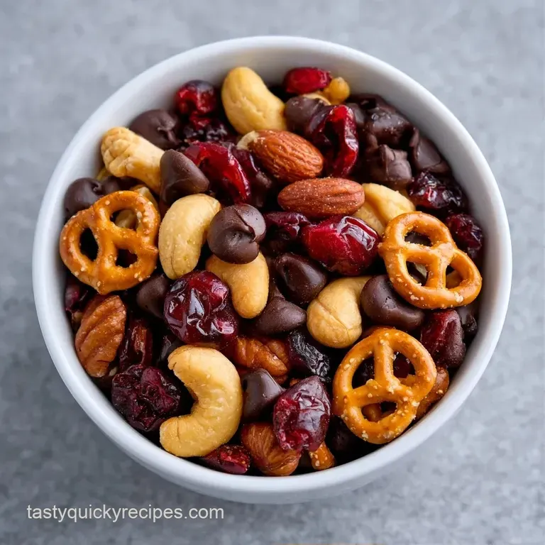 A glass jar filled with toasted nuts and vibrant dried cranberries, paired with a small scoop of salted pretzels.