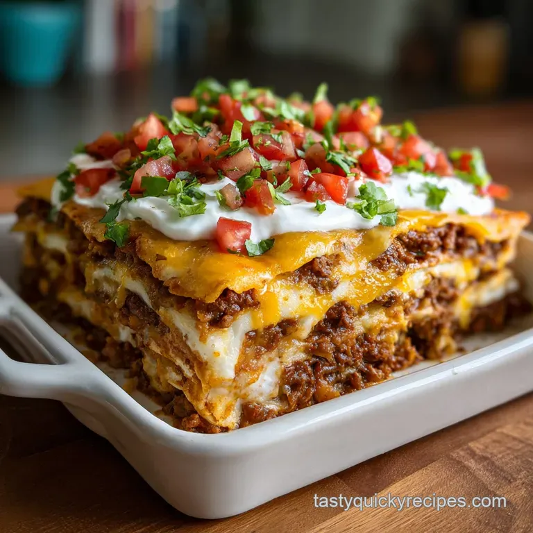 Slice of layered taco bake featuring melted cheese, browned beef, & colorful veggies. Garnished with sour cream and a cila...