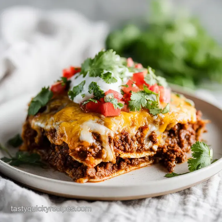 A single, vibrant slice of taco lasagna on a plate; layers of seasoned meat, cheese, & colorful toppings create a tempting...
