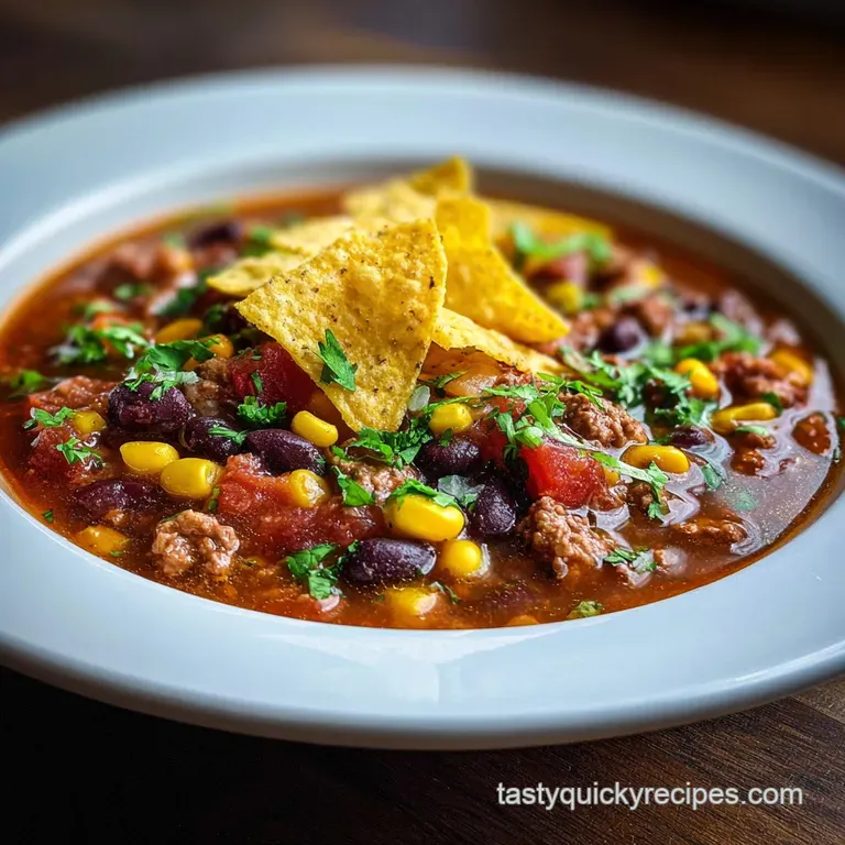 Elegantly plated taco soup. Garnished with avocado slices, shredded cheese, and a dollop of sour cream, offering a burst o...