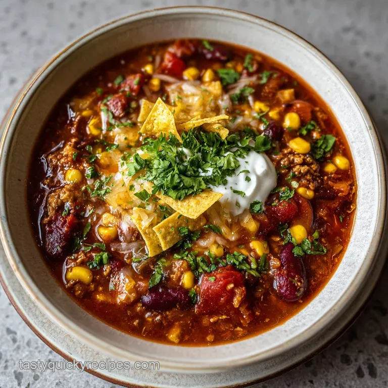 Vibrant, hearty taco soup. Red tomatoes, green cilantro, and browned beef swirl in a rich broth, topped with creamy sour c...