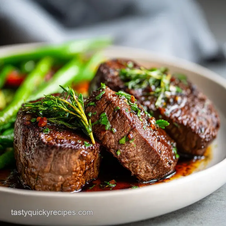 Elegant plated cube steak, glistening with savory pan sauce, beside fluffy mashed potatoes and vibrant green beans for a s...