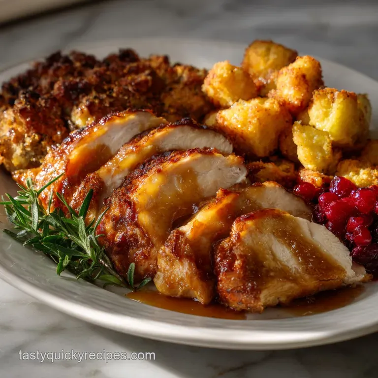 Elegant plate: Juicy turkey slices, a pool of rich gravy, vibrant green herbs, and artfully arranged roasted sweet potatoe...