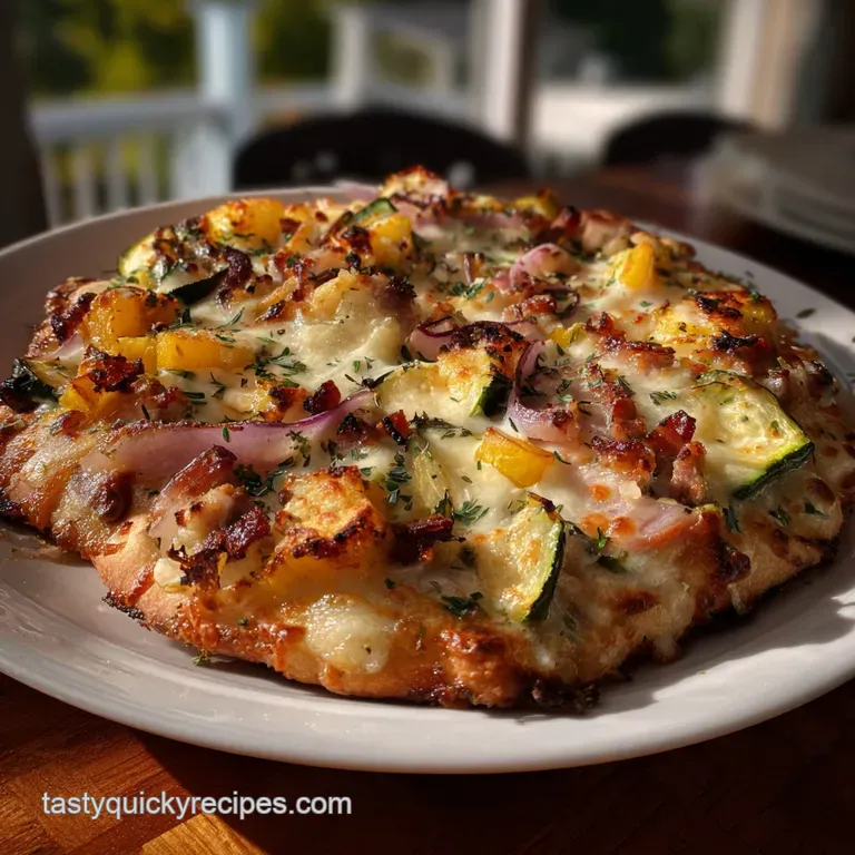 Artfully arranged pizza slice showcasing a mosaic of toppings. The crust is crispy, with a generous drizzle of cranberry s...