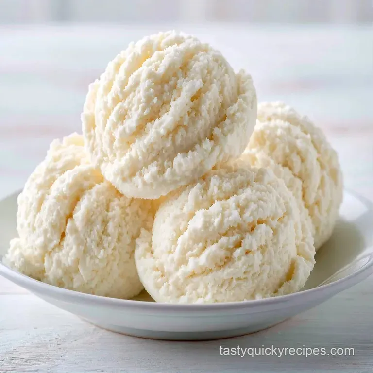 Smooth, creamy white ice cream scoops on a marble plate, accented with a sprig of mint and a silver dessert spoon.