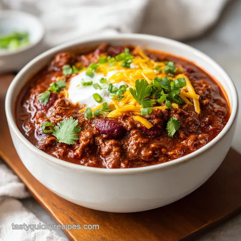 Elegantly plated chili with fresh cilantro garnish, a side of cornbread, showcasing the dish's vibrant colors and textures.