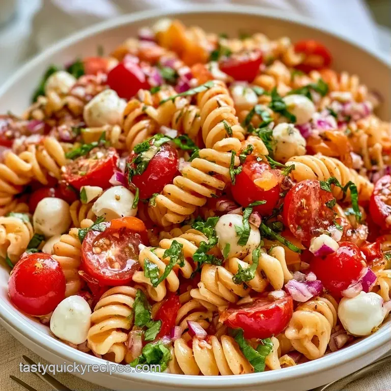 A large white ceramic bowl filled with colorful pasta, bright red tomatoes, and glossy green basil leaf accents.