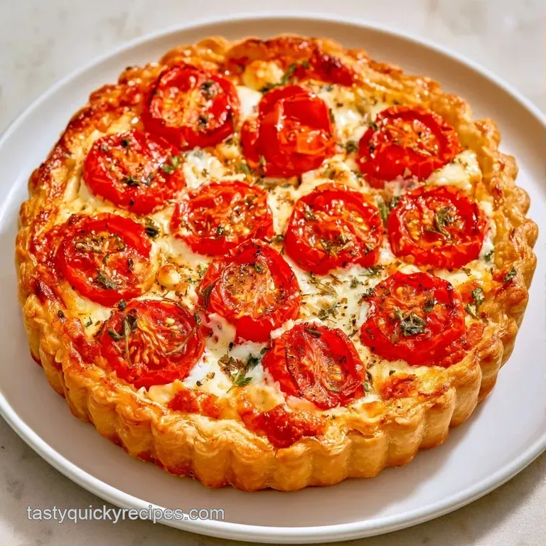 Sliced savory tart with vibrant red tomatoes and creamy white cheese served on a white plate with fresh basil sprigs