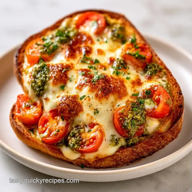 Two toasted sourdough triangles stacked with gooey melted cheese and red tomato slices beside a bowl of soup.