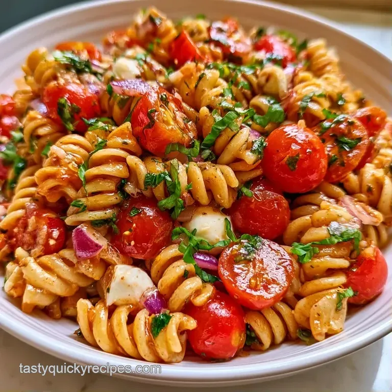 Colorful pasta tossed with cherry tomatoes and mozzarella pearls served in a shallow white bowl on a linen cloth.