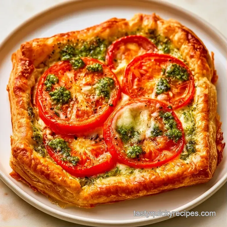 Crispy pastry squares topped with melted white cheese and red tomatoes arranged elegantly on a white porcelain plate.