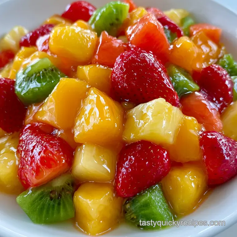 Colorful chunks of tropical fruit piled high in a carved coconut shell, garnished with a sprig of fresh mint.