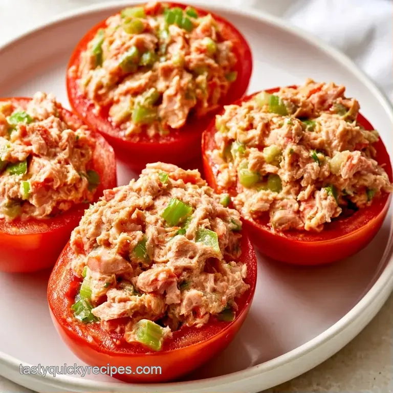 Vibrant red tomato halves filled with creamy salad, artfully arranged on a white plate with a lemon wedge and herbs.