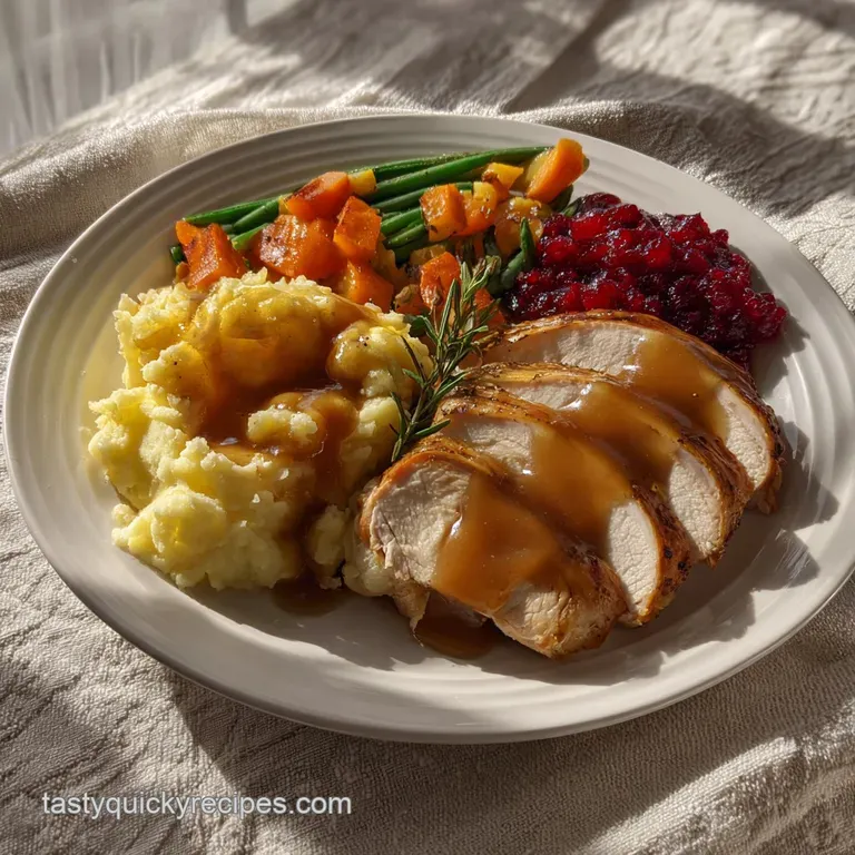 Elegant plated Thanksgiving dinner. Sliced turkey fanned out, drizzled with gravy. Garnished with cranberries and sprigs o...