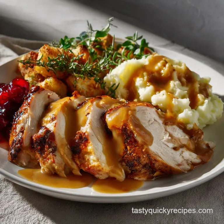 Thanksgiving Dinner Plate with Roasted Turkey and Gravy