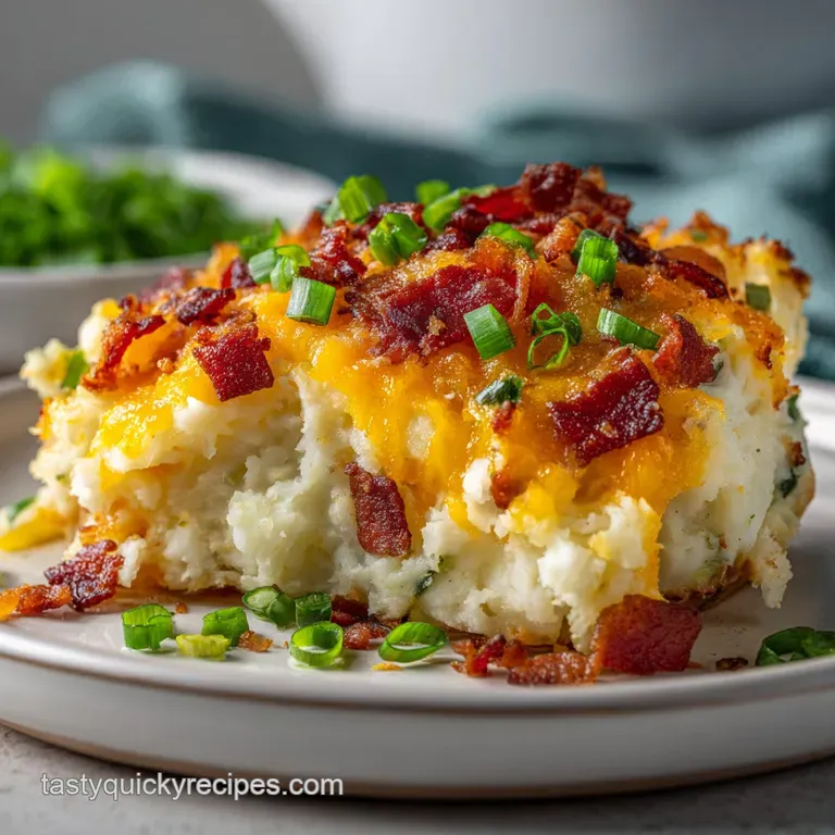 Fluffy twice-baked potato casserole on a plate, garnished with fresh herbs. Warm, inviting comfort food with a smooth text...