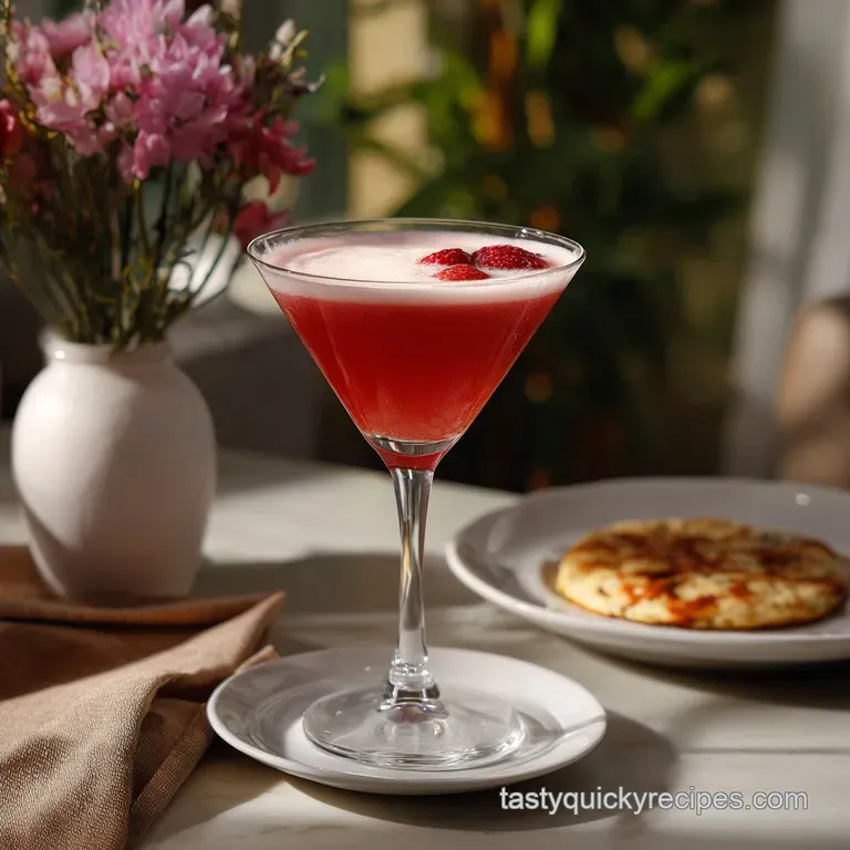 Elegant cocktail glass filled with a blush-pink drink, sugared rim glistening, balanced with a single, juicy raspberry.
