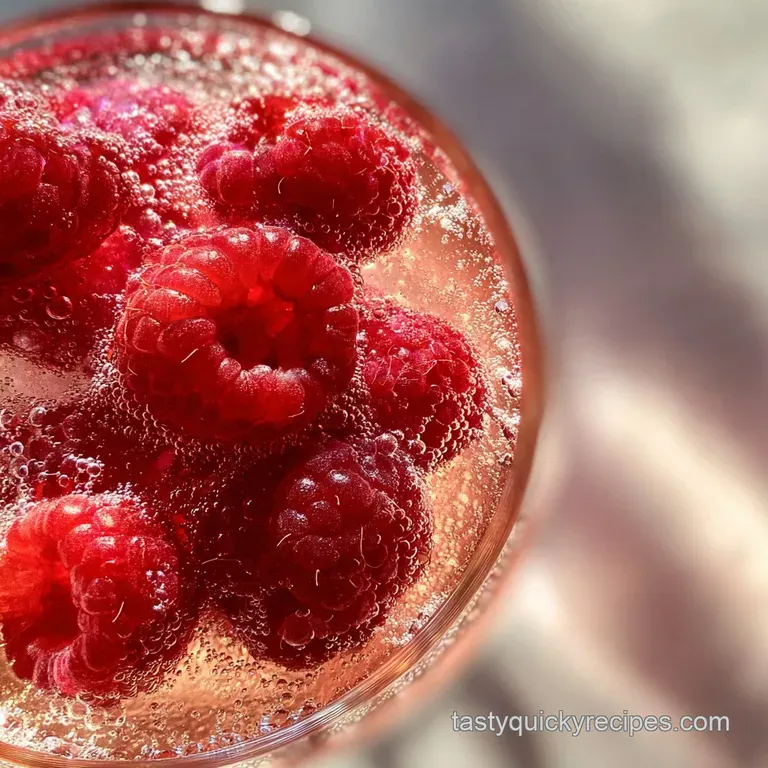 Elegant cocktail presentation: Sparkling pink drink with a raspberry garnish in a stemmed glass on a marble surface, invit...